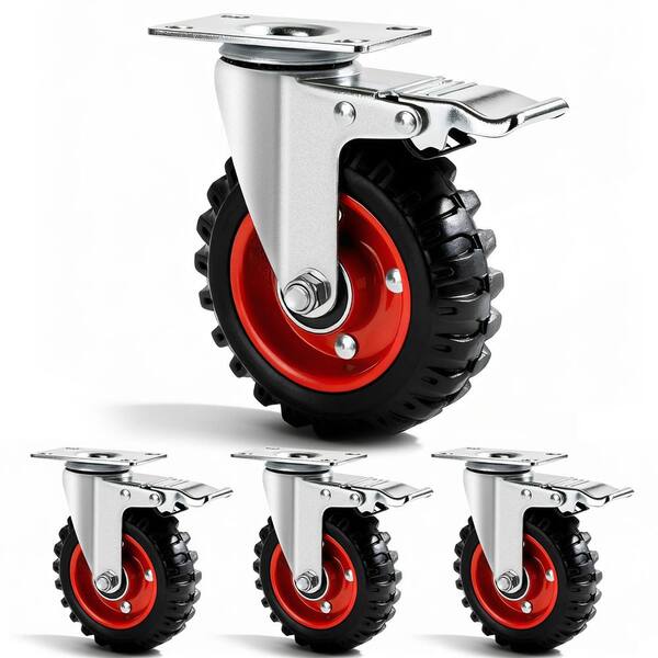 4-Pack Heavy Duty Series 5 in. Swivel Rubber Caster Wheels Dual Locking Safety Brake Steel Body 1400 lb. Load