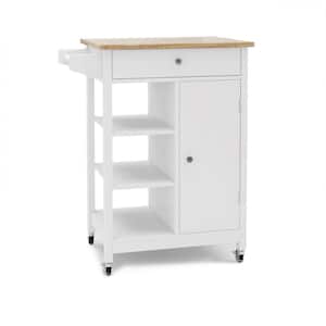 Kitchen Cart/Tableware Cart with Towel Rack or Handle, Rubber Wood Table Top, 1 Drawer, 3 Open Shelves and 1 Cabinet