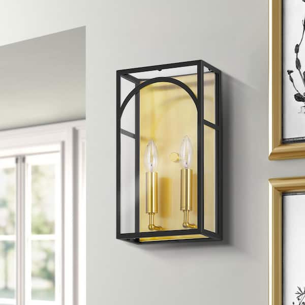 RRTYO Blakeley 2-Light 14 in. Black Industrial Rectangular Candlestick Wall Sconce with Clear Glass Shade