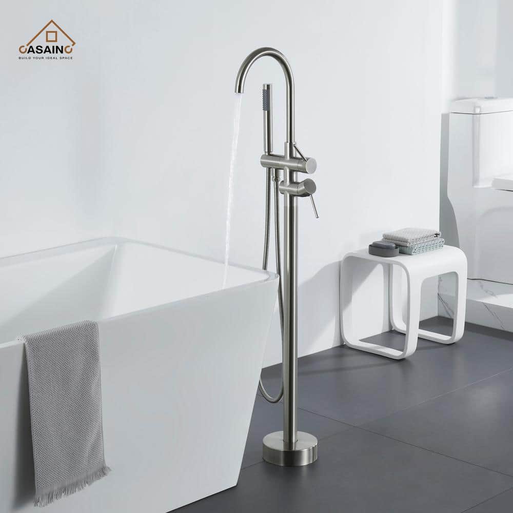 Brushed Nickel Freestanding Tub Filler with Hand Shower