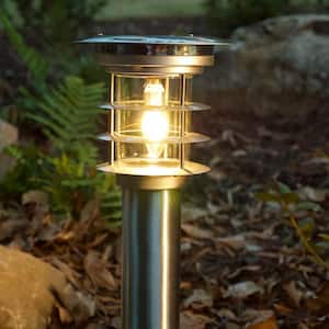 Stainless Steel Silver Bollard Light Outdoor Waterproof Garden Solar Warm White LED Pathway Landscape Light (2-Pack)