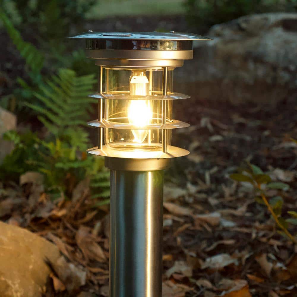 Stainless Steel Silver LED Solar Pathway Bollard Lights, Set of 2