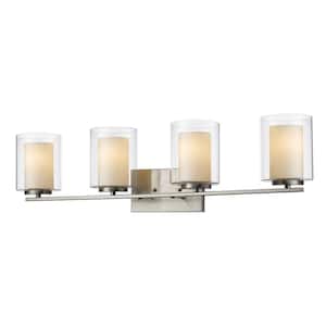 Willow 31.5 in. 4-Light Brushed Nickel Steel Vanity Light with Clear Outside, Matte Opal Inside Glass Shades