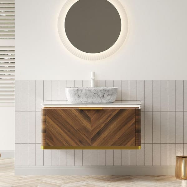 Loiry 36 in. Single Sink Floating Dark Walnut Bath Vanity with Calacatta Gold Sintered Stone Top Unassembled