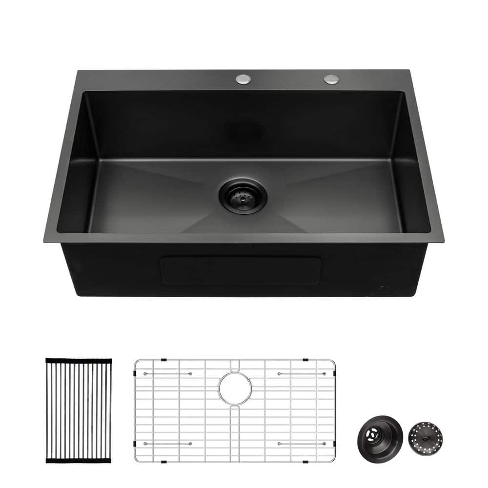 28 in. Drop-in Single Bowl 16 Gauge Gunmetal Black Stainless Steel Kitchen Sink with Drain and Drying Rack price history on PriceWatchPro