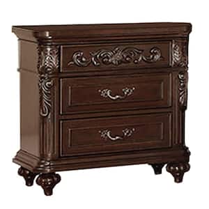 17 in. Brown 3 Drawer Engraved Wooden Nightstand