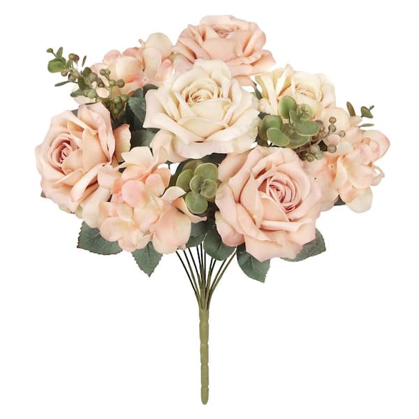 19 in. Champagne Peach Artificial Elegant Rose Hydrangea Flower Stem Bush Bouquet (Set of 2)