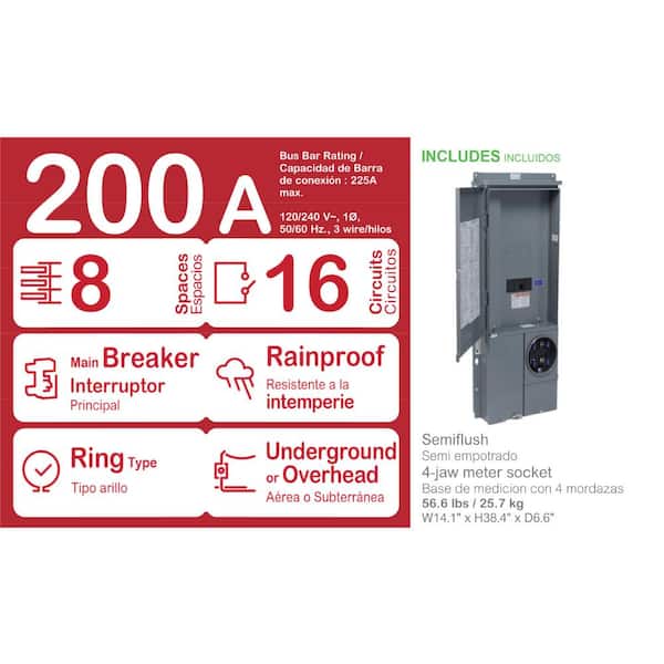 Square D Homeline 200 Amp 8-Space 16-Circuit Outdoor Ring-Type Semi-Flush  Mount Solar-Ready Main Breaker Plug-On Neutral CSED SC816F200PF - The Home  Depot