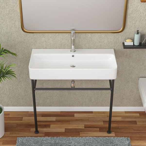 LORDEAR 32 in. Ceramic White Console Sink Basin and Legs Combo with Matte Black Steel Legs
