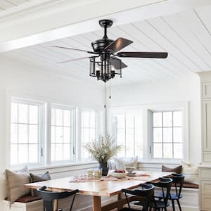 52 in. W Indoor Matte Black Farmhouse Ceiling Fan with Light, No Bulb, Pull Chain