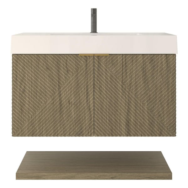 Stella 35 in. W x 20 in. D x 22 in. H Single Sink White Oak Bath Vanity with White Acrylic Top Floating Lower Shelf