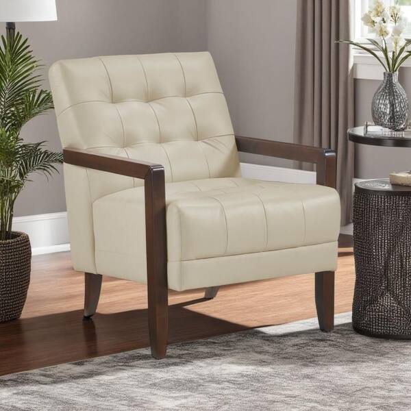 Lenie Beige and Walnut Brown Faux Leather Arm Chair with 4 Legs Base Style