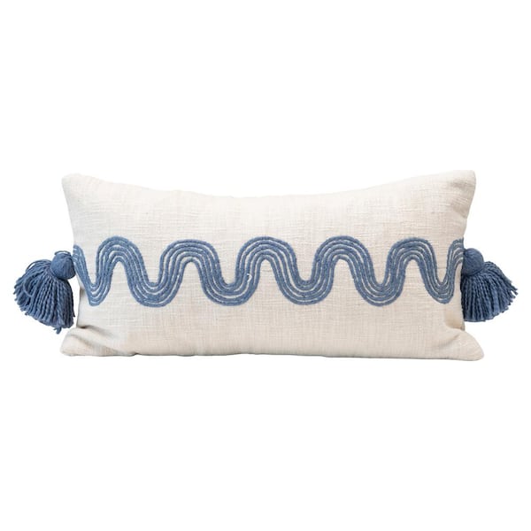 Storied Home Cream Color and Blue Cotton Lumbar Pillow with Embroidered Curved Pattern and Tassels
