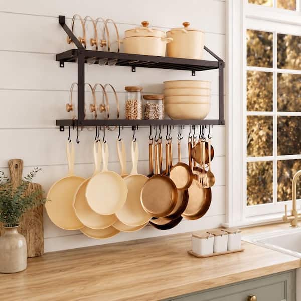 34 in. 2-Tier Wall Mounted Pot Rack with 20 Hooks and Lid Holder, Oiled Bronze