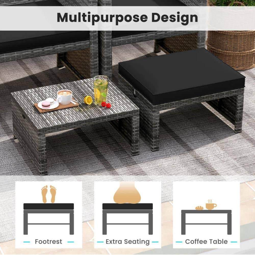 Grey wicker ottoman used as a coffee table and a footrest.