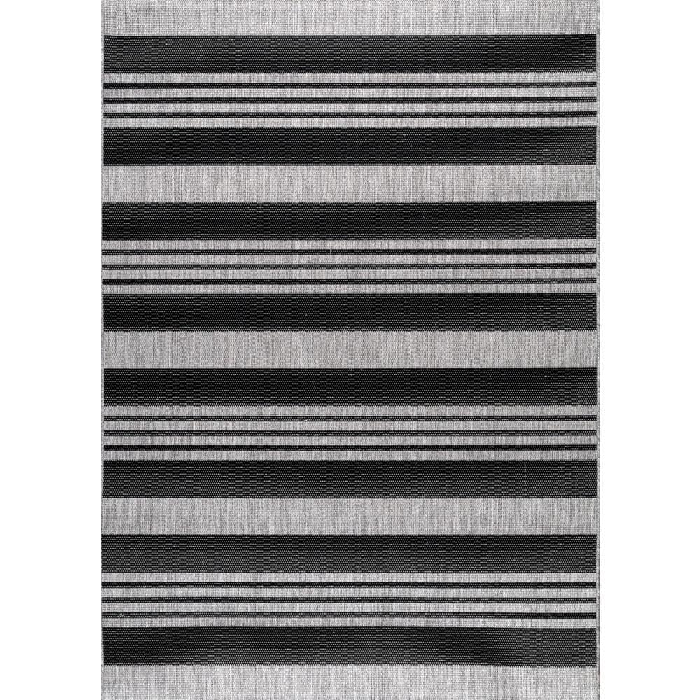 Gray and Black Striped Synthetic Indoor/Outdoor Rug
