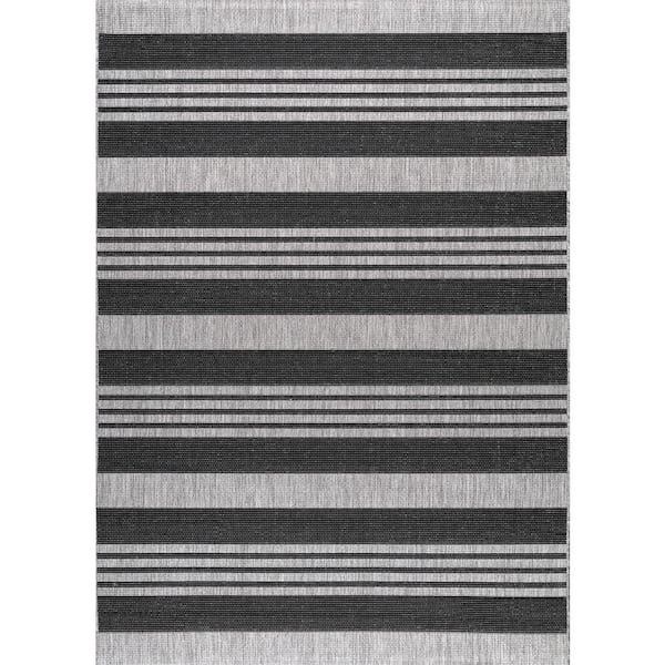 Robin Striped Coastal Gray 8 ft. x 8 ft. Indoor/Outdoor Patio Square Area Rug