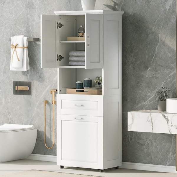 25 in. W x 16 in. D x 70 in. H White MDF Freestanding Linen Cabinet with Laundry Basket, Drawers, Adjustable Shelf