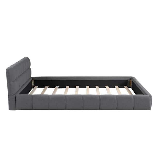Gray Wood Frame Queen Size Linen Upholstered Platform Bed with Soft Foam-Filled Headboard, Grounded Bed