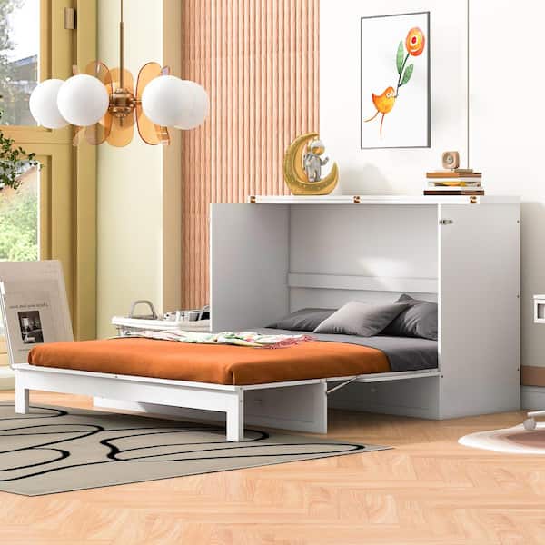 Qualler White Wood Frame Queen Size Murphy Bed with Drawer