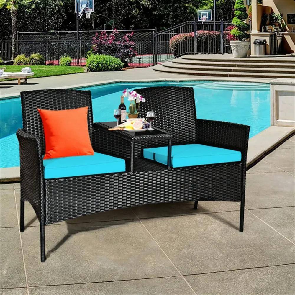 Blue 1 Piece Wicker Outdoor Lounge Chair Without Sunshade with Blue Cushion