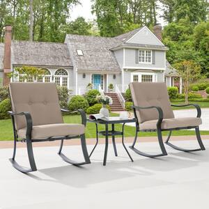 3-Piece Metal Frame Outdoor Bistro Set 2 Rocking Chairs with Sand Cushions and Tempered Glass Side Table
