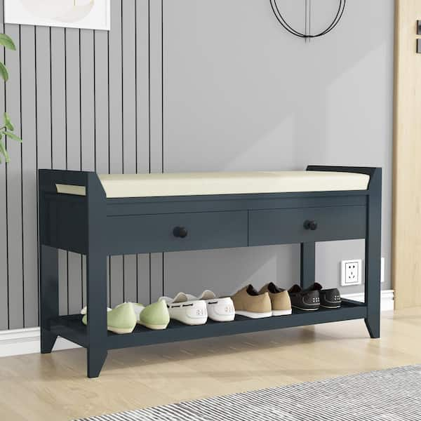 Harper & Bright Designs Entryway Light Wood Storage Bench with Cushioned Seat, Drawers and Shoe Rack 19.8 in. H x 39 in. W x 14 in. D