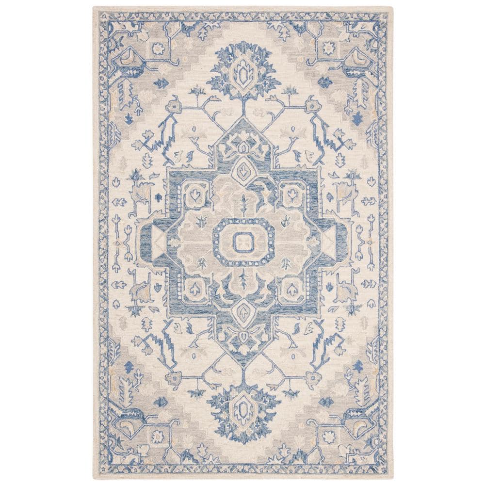 Ivory and Blue Handmade Wool Round Tufted Rug