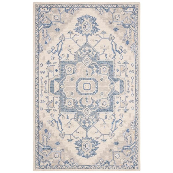 SAFAVIEH Micro-Loop Ivory/Blue 4 ft. x 6 ft. Floral Medallion Area Rug