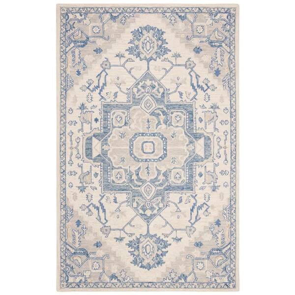 SAFAVIEH Micro-Loop Ivory/Blue 4 ft. x 6 ft. Floral Medallion Area Rug