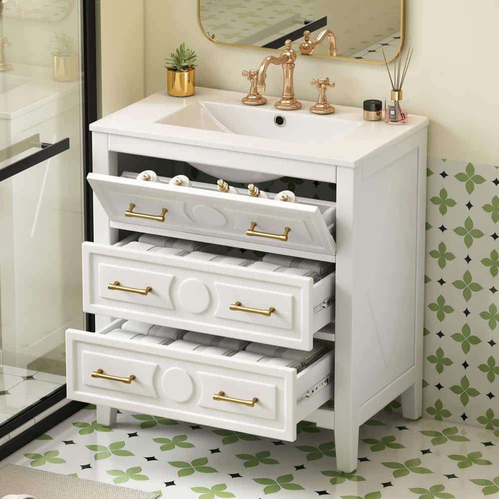 30 in. W x 18.3 in. D x 34 in. H Freestanding Bath Vanity in White with White Ceramic Top and 3 Drawers(Unassembled) price history on PriceWatchPro
