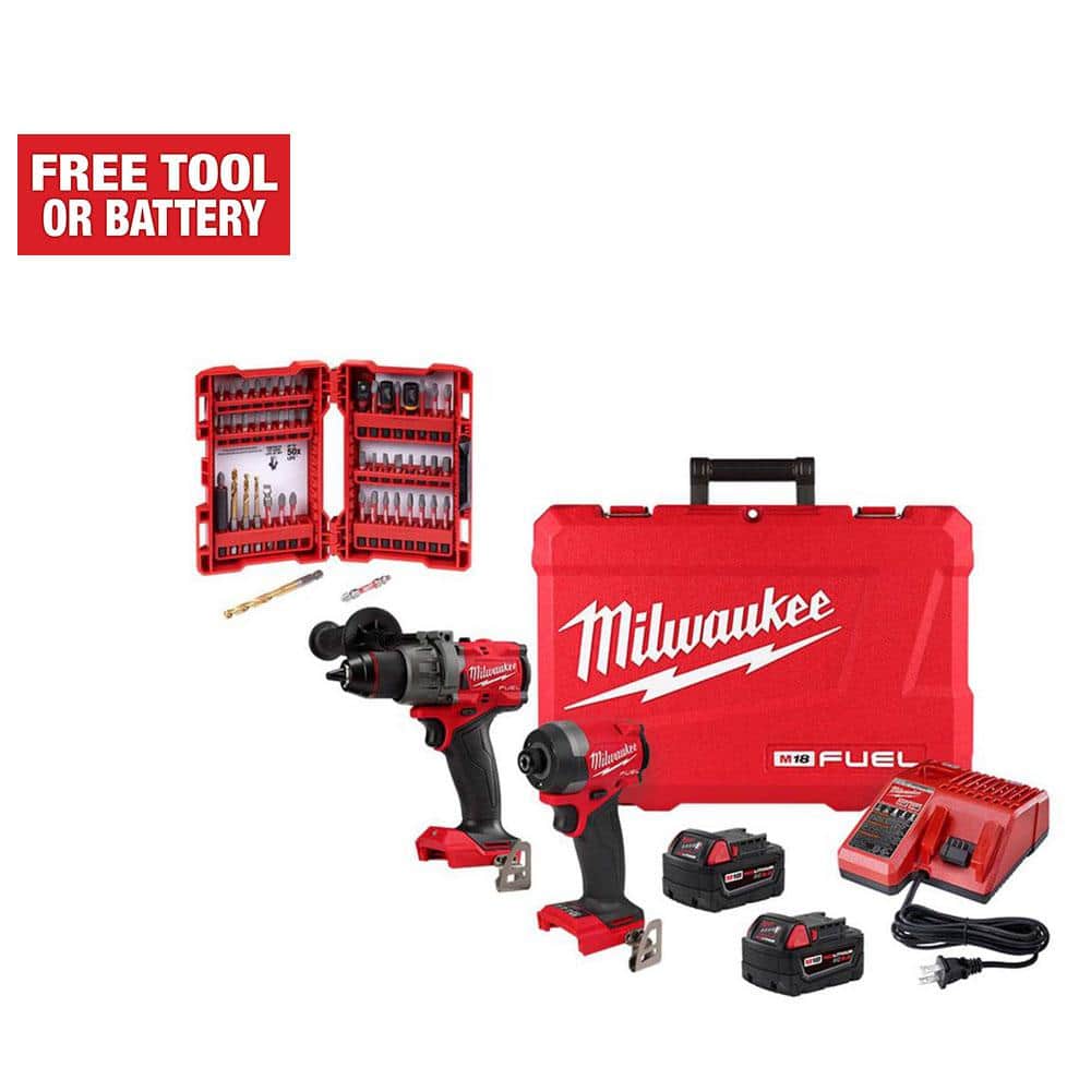 Milwaukee M18 FUEL 18-Volt Brushless Cordless Hammer Drill & Impact Driver Combo Kit (2-Tool) with SHOCKWAVE Bit Set (50-Piece) -  3697-22-4024