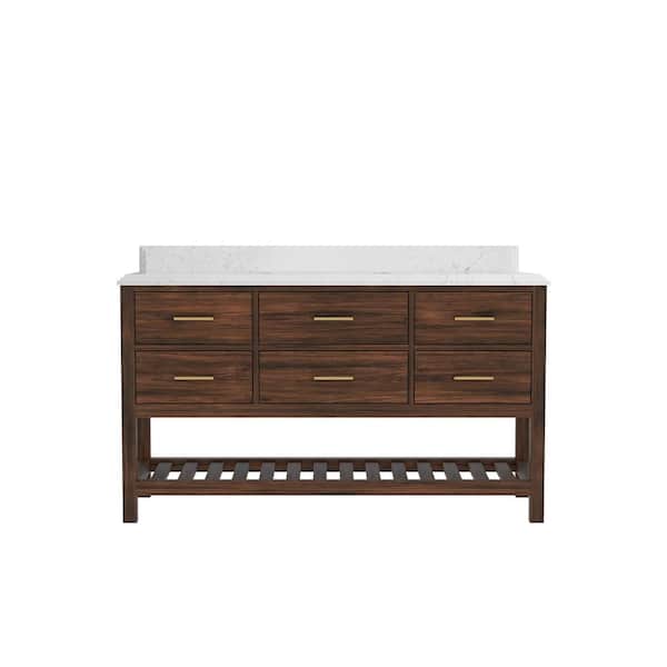 Willow Collections Parket Teak 60 in. W x 22 in. D x 36 in. H Single Sink Bath Vanity in Dark Walnut with 1.5" Empira White Qt. Top