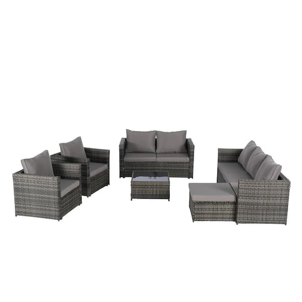 6 Pieces Outdoor Wicker Metal Conversation Set All Weather with Glass Table, Dark Gray Cushions and Pillows
