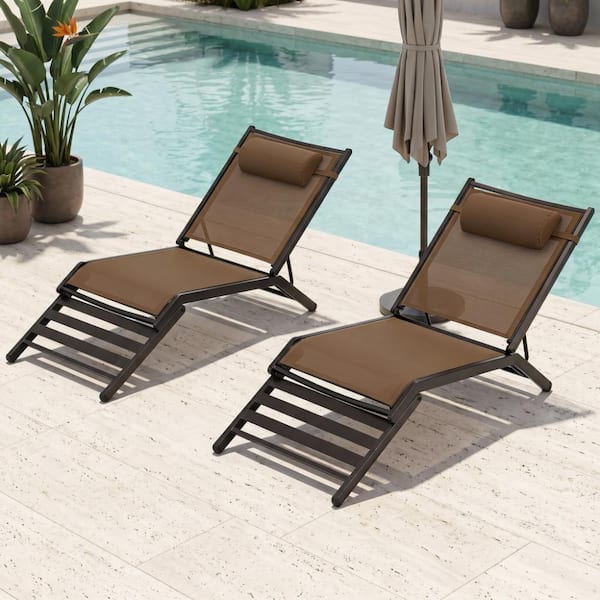 JPJPUU Brown Metal Pool Lounge Chairs with Adjustable Back for