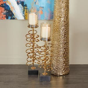 Gold Stainless Steel Open Ring Stand Pillar Hurricane Lamp (Set of 2)