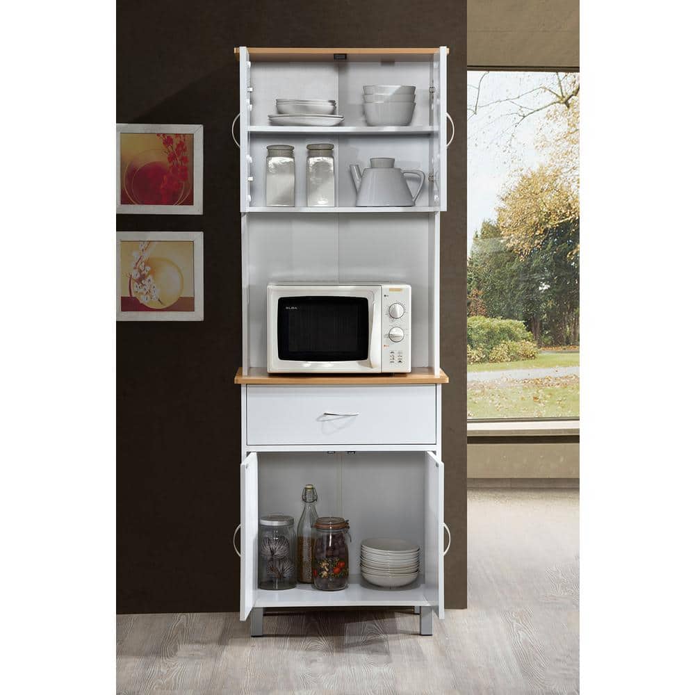 White and Natural Tall Kitchen Cabinet with Glass Doors