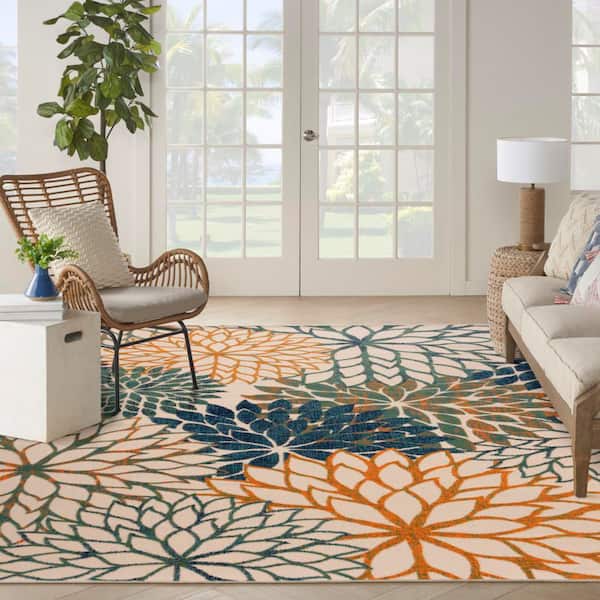 Aloha Blue Green 9 ft. x 12 ft. Floral Contemporary Indoor/Outdoor Area Rug