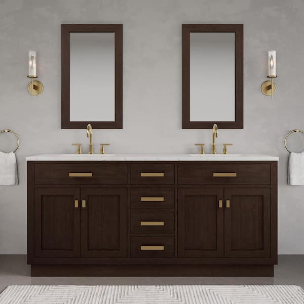 Chestnut 72 in.W x 21.5 in.D x 34.2 in.H Double Sink Bath Vanity in Brown Oak with Carrara White Marble Top and Mirrors