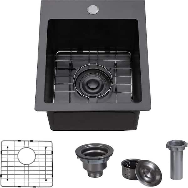 13 in. Drop-In/Undermount Single Bowl 16 Gauge Gunmetal Black Stainless Steel Kitchen Sink with Bottom Grids