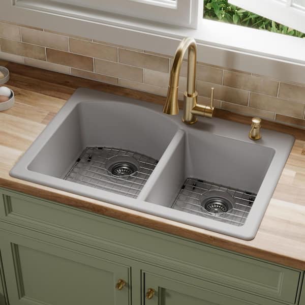 QT-610 Quartz/Granite 33 in. Double Bowl 60/40 Top Mount Drop-In Kitchen Sink in Grey with Bottom Grid and Strainer