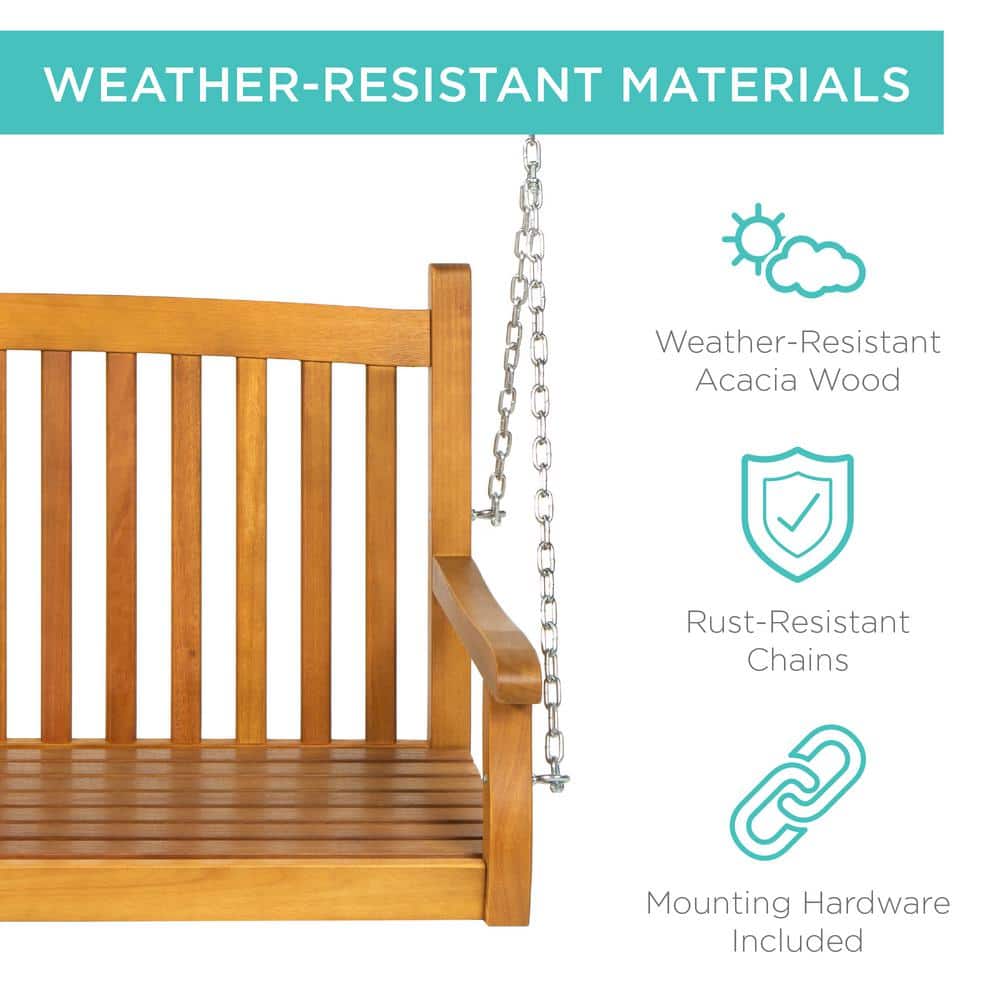 Brown Acacia Wood 48in Outdoor Porch Swing with Chains