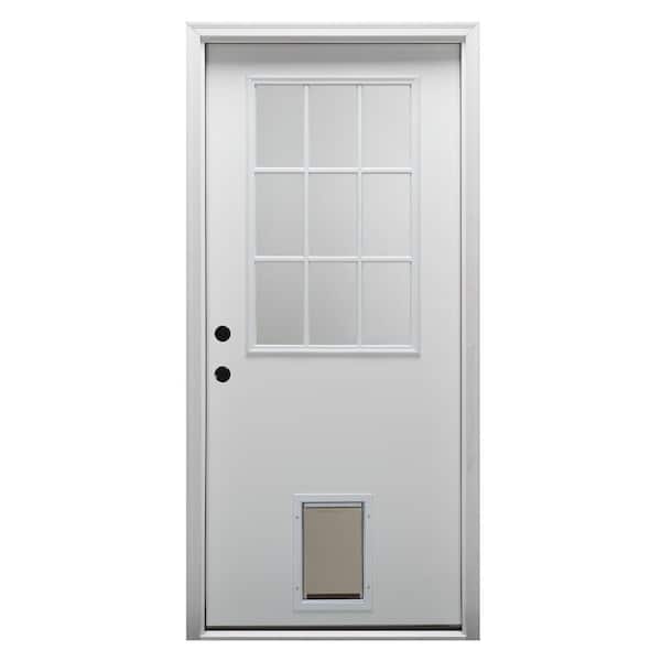 MMI DOOR 30 in. x 80 in. Classic Right-Hand Inswing 1/2-Lite Clear Primed Fiberglass Smooth Prehung Front Door with Pet Door