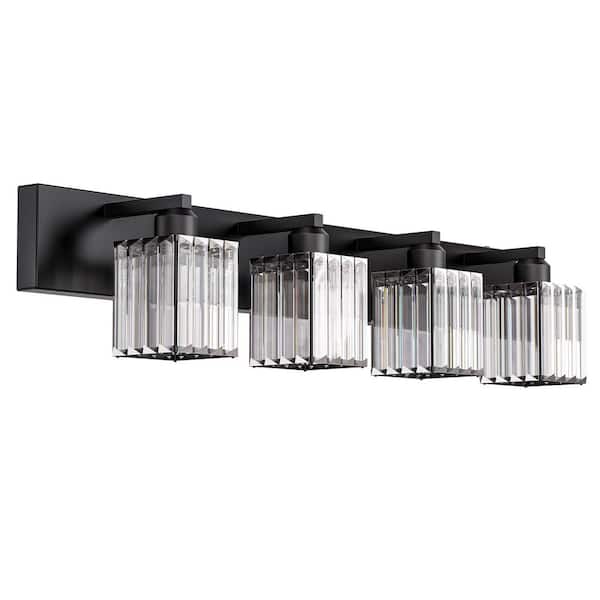 32 In. 4-Light Square LED Vanity Light in All-Black for Bathroom with Crystal Shade