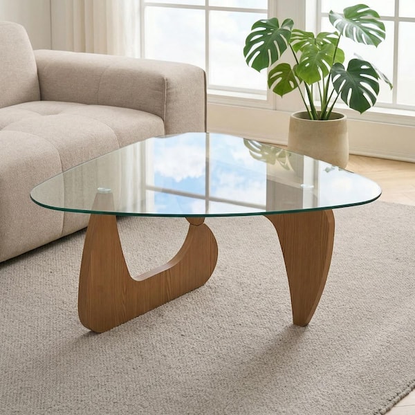 35.82 in. Clear Triangle Glass Coffee Table with Beige Legs for Living Room, Bedroom
