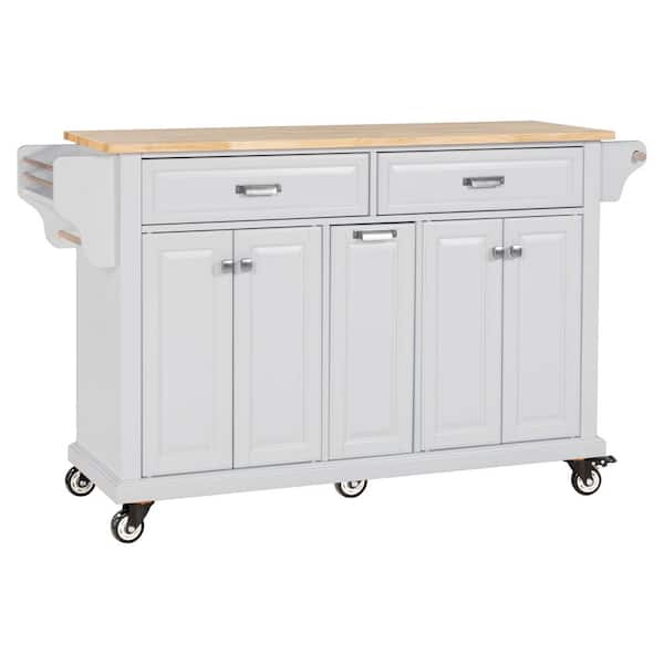 Unbranded White Cambridge Natural Wood Top 60.5 in. Kitchen Island with 2-Large Drawers, Adjustable Shelves and Casters