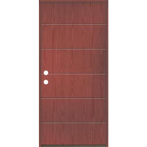 TETON Modern 36 in. x 80 in. Right-Hand/Inswing 6-Grid Solid Panel Redwood Stain Fiberglass Prehung Front Door