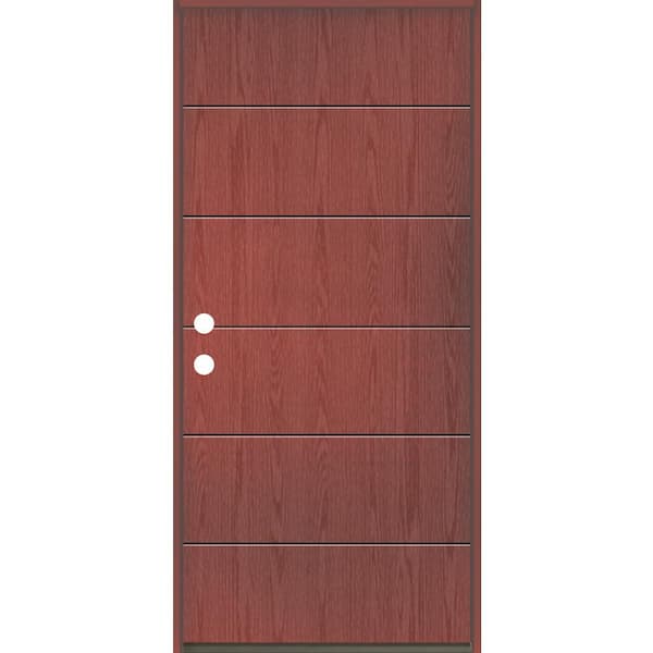 Krosswood Doors TETON Modern 36 in. x 80 in. Right-Hand/Inswing 6-Grid Solid Panel Redwood Stain Fiberglass Prehung Front Door