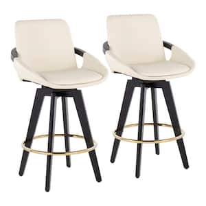 Cosmo 37 in. Cream Faux Leather and Black Wood High Back Counter H Bar Stool with Round Gold Footrest (Set of 2)