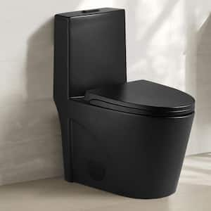 Dual Flush 1.1/1.6 GPF Elongated 1-Piece Toilet in Matte Black with UF Soft Closing Seat Cover